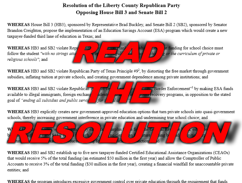 PRESS RELEASE: Liberty County Republican Party Stands Against False “School Choice” Bills
